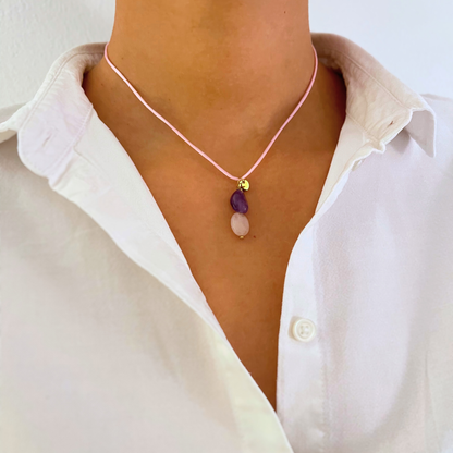 Rosenquarz Halskette mit Amethyst