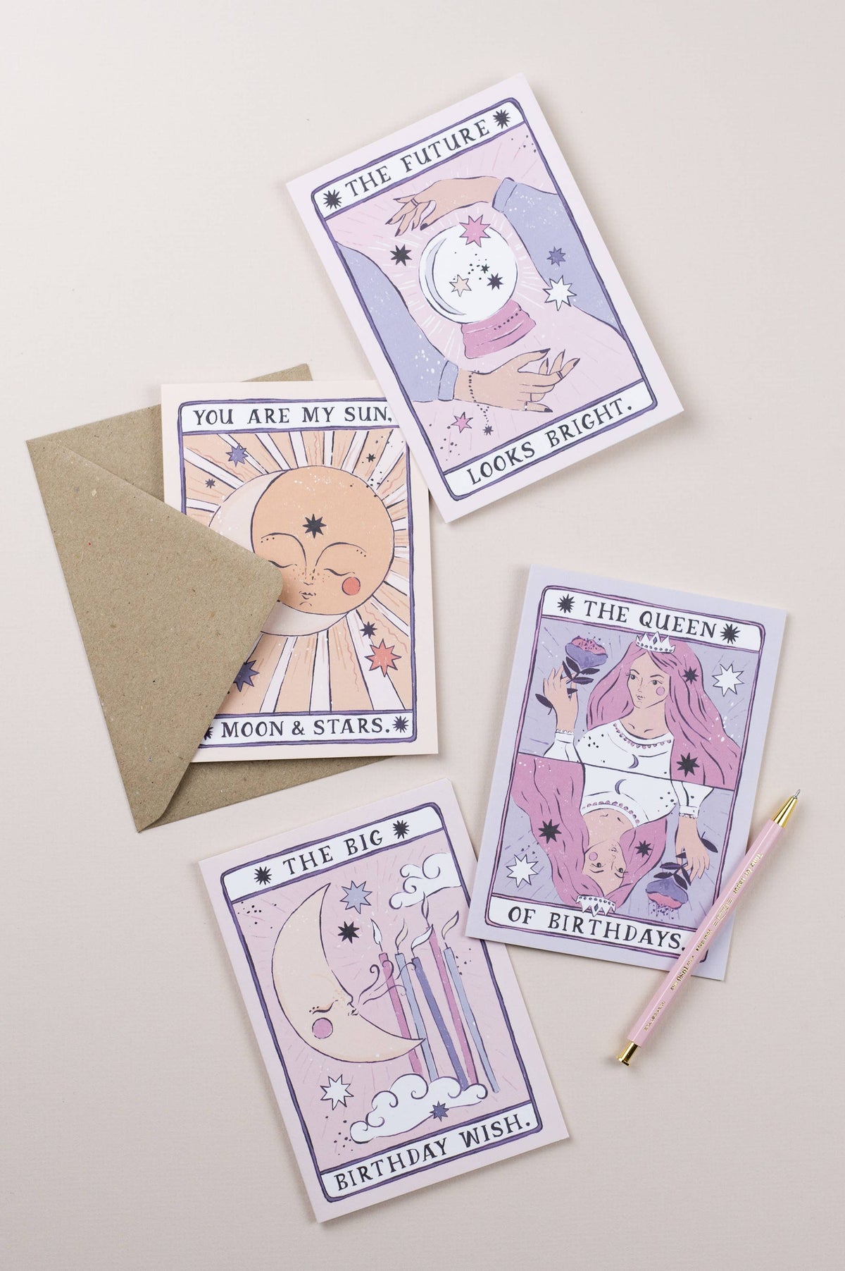 Glückwunschkarte „The Future Looks Bright“ mit Tarot-Motiv