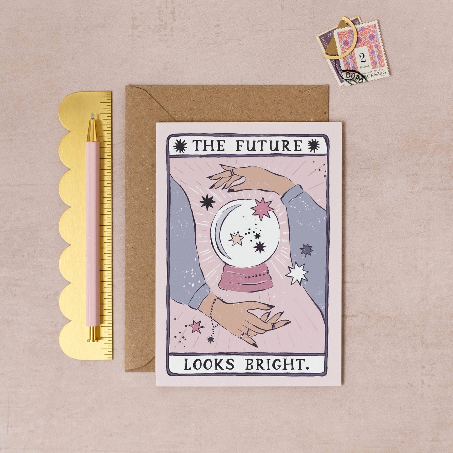 Glückwunschkarte „The Future Looks Bright“ mit Tarot-Motiv